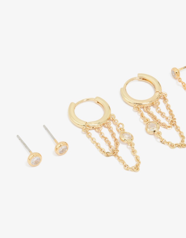 Lovisa - Gold Plated Cubic Zirconia Chain & Huggie Earrings 4-Pack