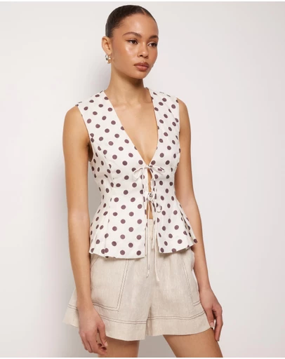 AERE - Polka Dot Linen Tie Front Top