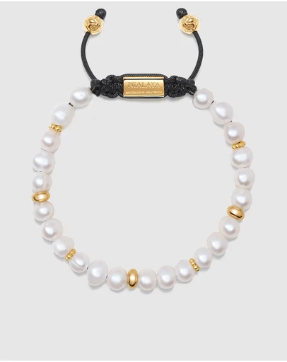 Nialaya Jewellery - Men's Beaded Bracelet with Pearl and Gold
