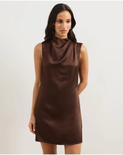 Atmos&Here - Della Satin Drape High Neck Mini Dress