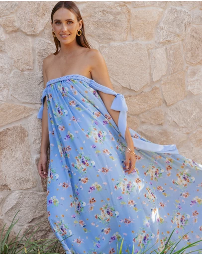Petal & Pup - Codie Off Shoulder Maxi Dress - Cornflower Blue Floral
