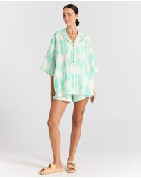 Poolside Paradiso - Palms 100% Linen Over Shirt - Mint