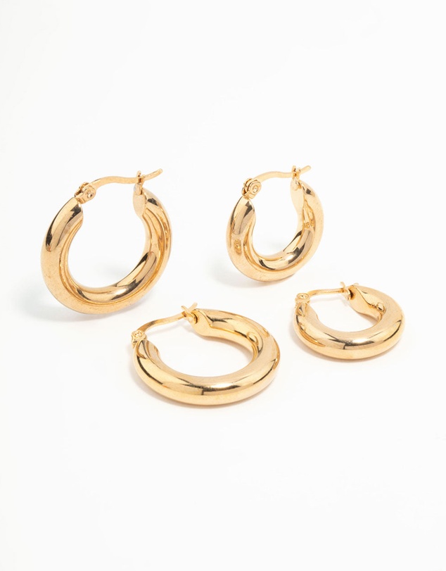 Lovisa - Waterproof Gold Plated Stainless Steel Tube Hoop Earrings 2-Pack