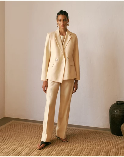 Trenery - Linen Cotton Herringbone Tailored Wide Leg Pant in Butter