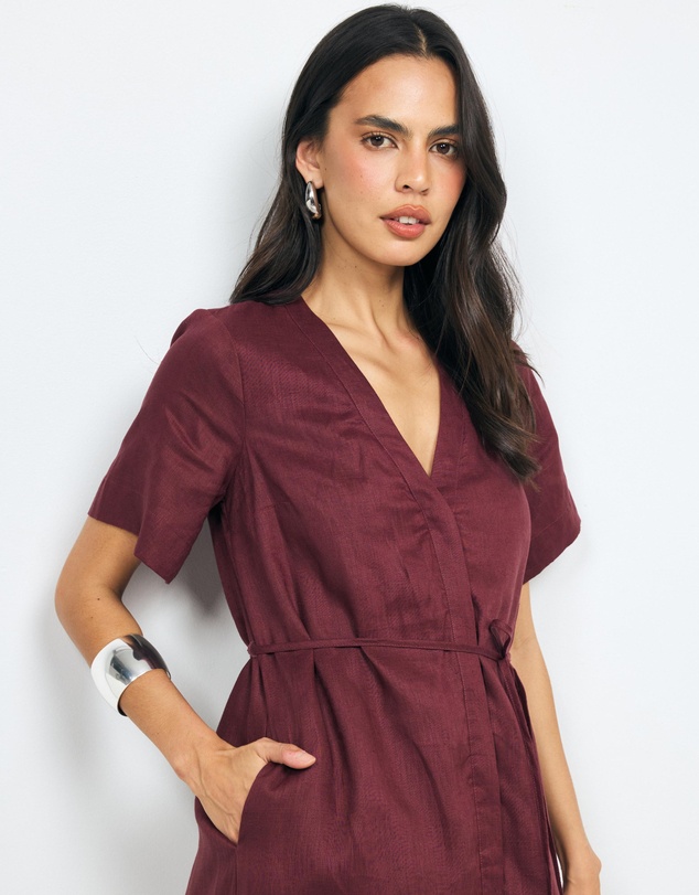 AERE - Cery Linen Short Sleeve Midi Dress