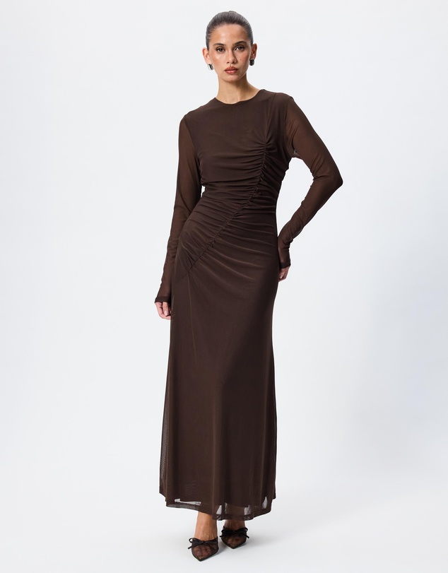 Tussah - Ivy Ruched Detail Long Sleeve Mesh Maxi Dress