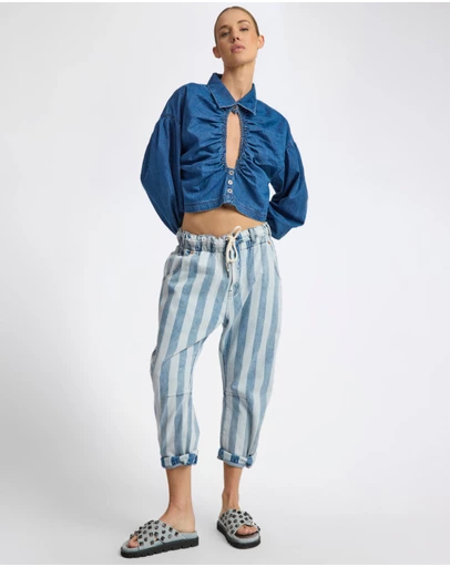 ONE TEASPOON - Outcasts Low Waist Drop Crotch Harem Denim Jeans - Beach Club Stripe