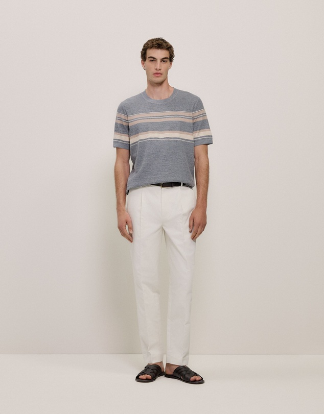 Trenery - Cotton Linen Stripe Knit T-shirt in Grey Melange
