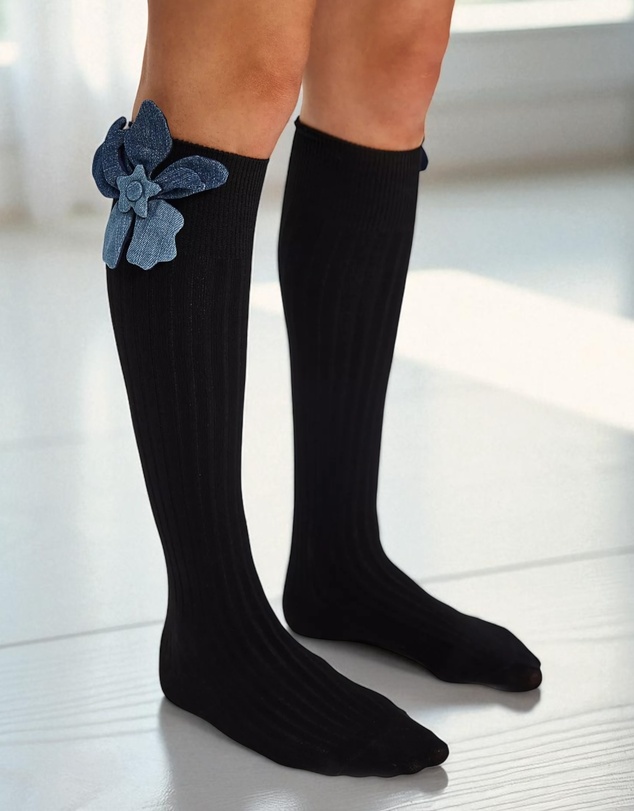 High Heel Jungle - Denim Flower Tall Socks