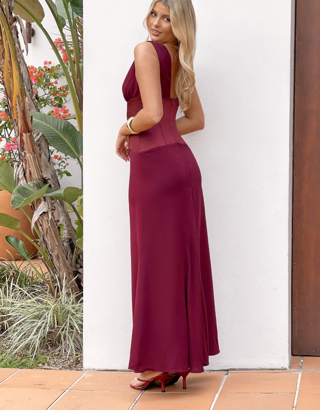 Beginning Boutique - Lara Burgundy Contrast Satin Maxi Dress