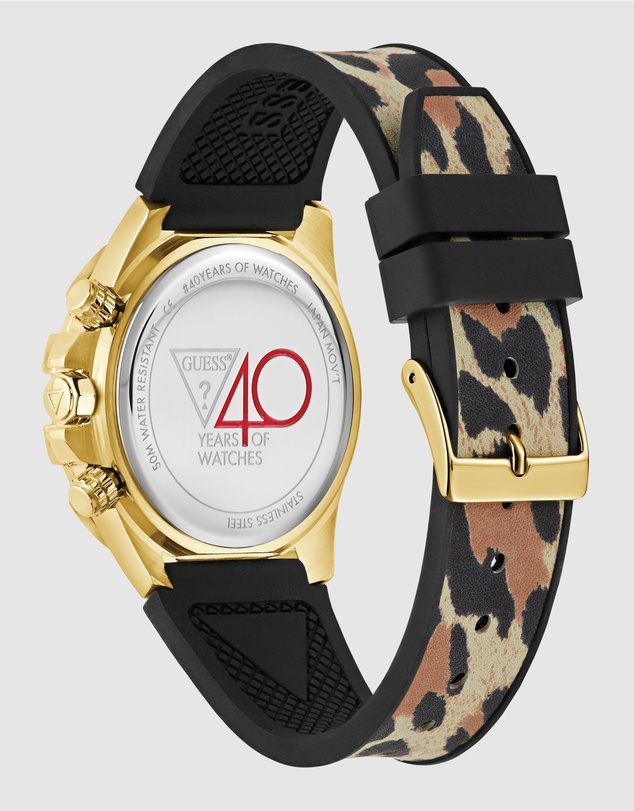 GUESS - ICONIC 40TH Animal 39mm Gold-Tone Case Black Silicone Strap