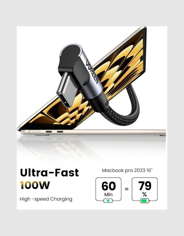 Ugreen - UGREEN 90 Degree Angle USB-C Male to USB-C Male 100W Braided Cable 2m