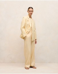 Trenery - Linen Cotton Herringbone Tailored Wide Leg Pant in Butter