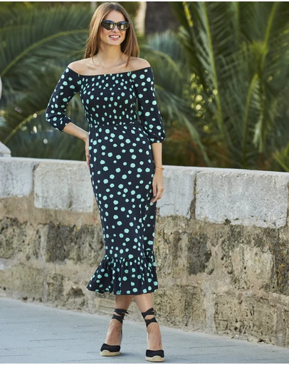 Sosandar - Spot Print Shirred Waist Bardot Jersey Dress