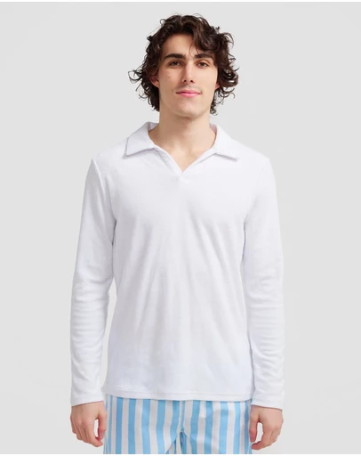 Vacay Swimwear - L/S White Terry Polo