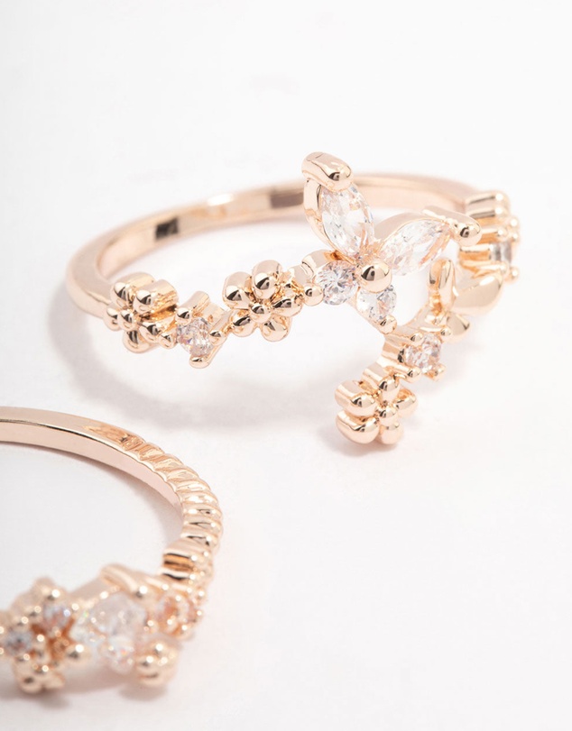 Lovisa - Rose Gold Plated Floral Stone Stacking Ring Pack