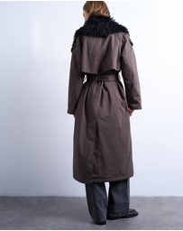 TOPSHOP - Faux Fur Collar Belted Trench Coat
