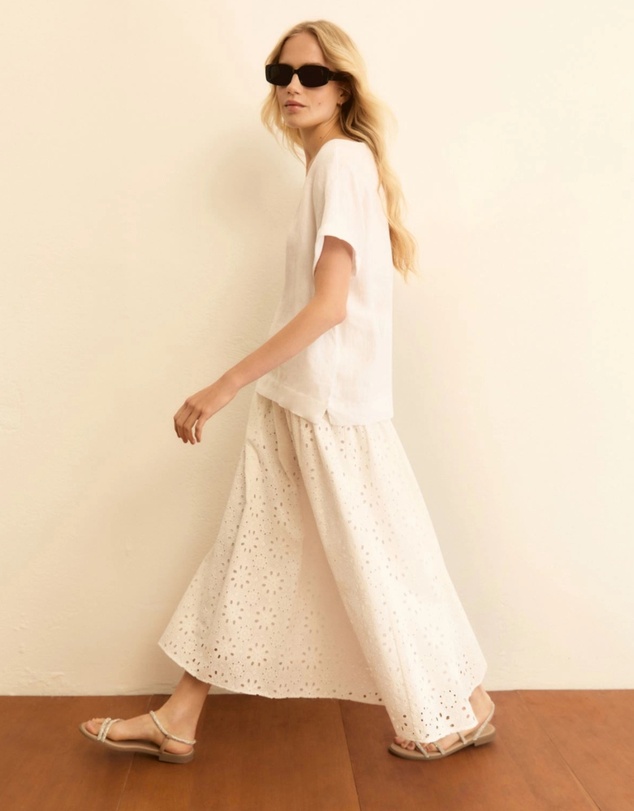Emme - White Cotton Embroidered Midi Skirt