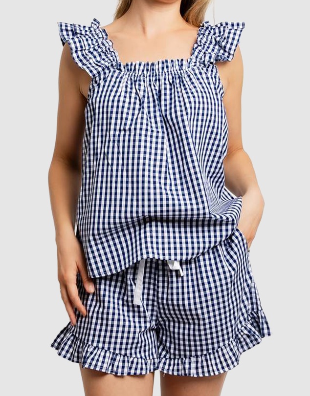 Sant And Abel - Women's Hepburn Gingham Navy Frill Tank PJ Set