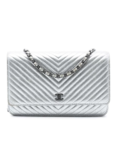 Pre-Loved by Azura Reborn - Pre-Loved CC Chevron Metallic Lambskin Wallet On Chain