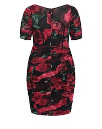 City Chic - Plus size Bustier Rose Print Ruched Dress - black