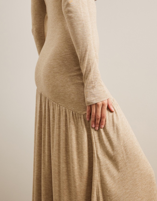 AERE - Soft Wool Blend Mock Neck Tiered Midi Dress