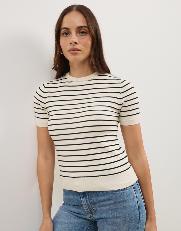 Atmos&Here - Short Sleeve Fine Knit Stripe Top