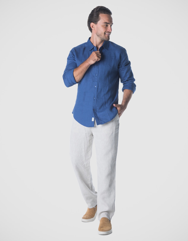 Coast Clothing - Long Sleeve Linen Shirt: Indigo Blue