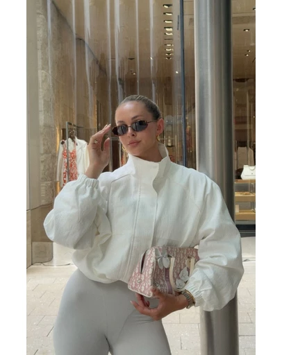 Beginning Boutique - Enya Cream Funnel Neck Sports Jacket