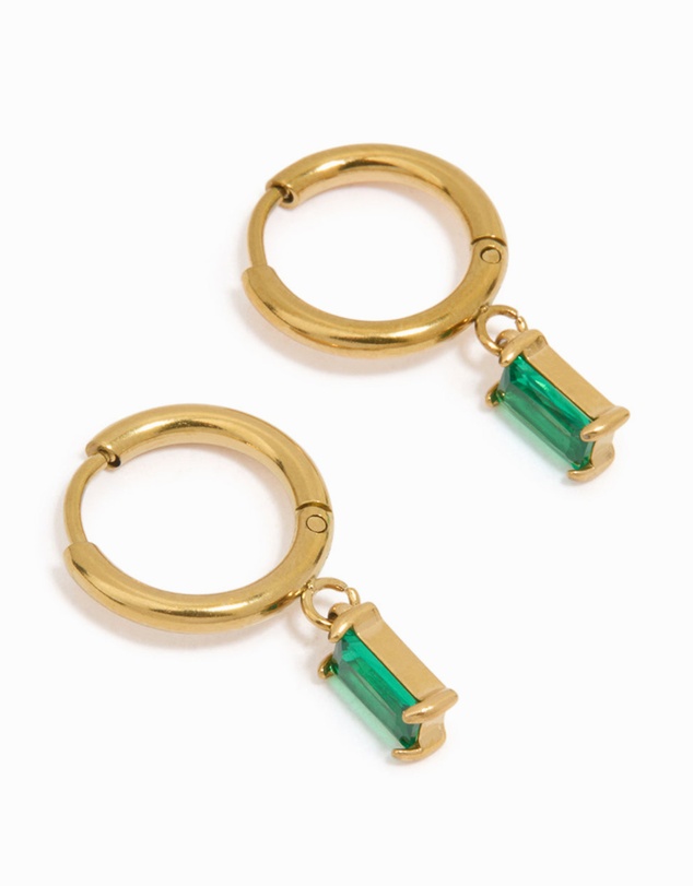 Lovisa - Waterproof Gold Plated Stainless Steel Green Baguette Huggie Earrings