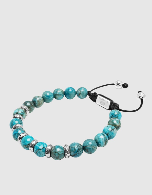 Nialaya Jewellery - Men's Sterling Silver Beaded Bracelet with Turquoise