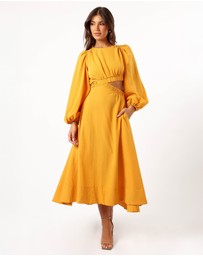 Petal & Pup - Ginnee Puff Sleeve Cutout Midi Dress - Mustard