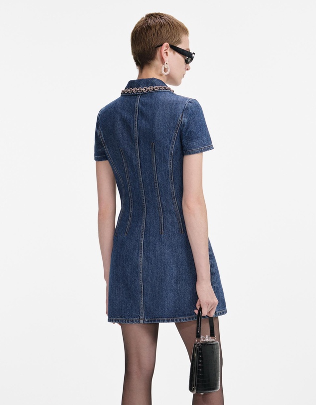 Self Portrait - Denim Crystal Trim Collared Mini Dress