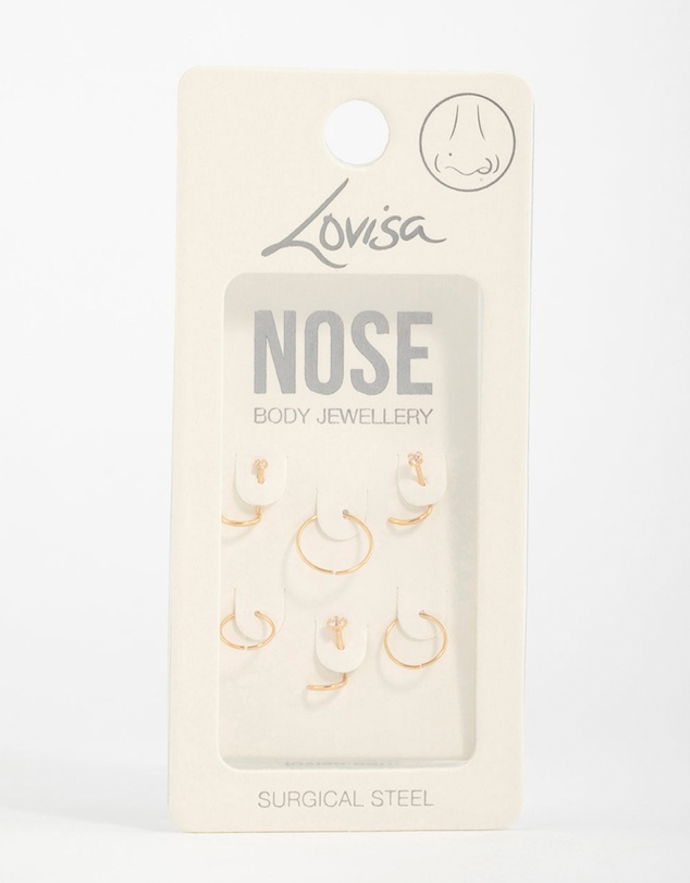 Lovisa - Gold Plated Surgical Steel Cubic Zirconia Nose Stud & Rings 6-Pack