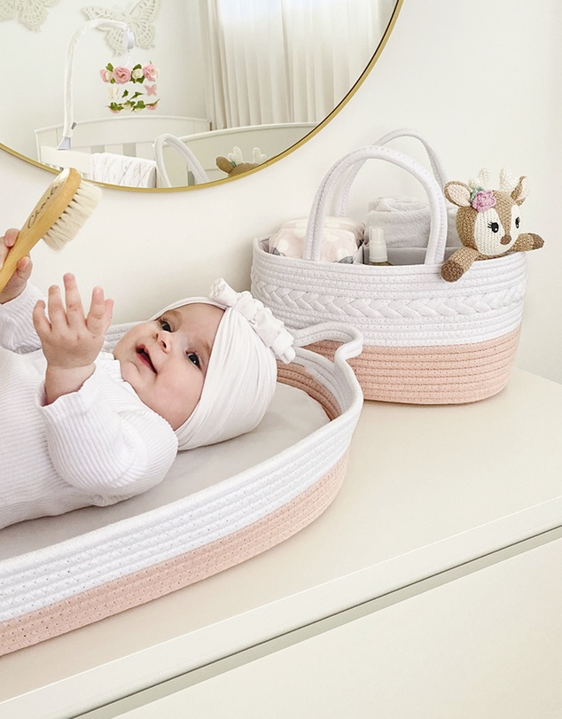 Living Textiles - Cotton Rope Nappy Caddy with Divider - Blush/White