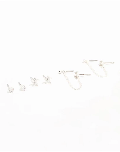 Lovisa - Silver Plated Brass Flower & Chain Earrings 3-Pack