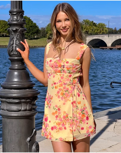 Beginning Boutique - Aveta Yellow Bloom Tie Mini Dress
