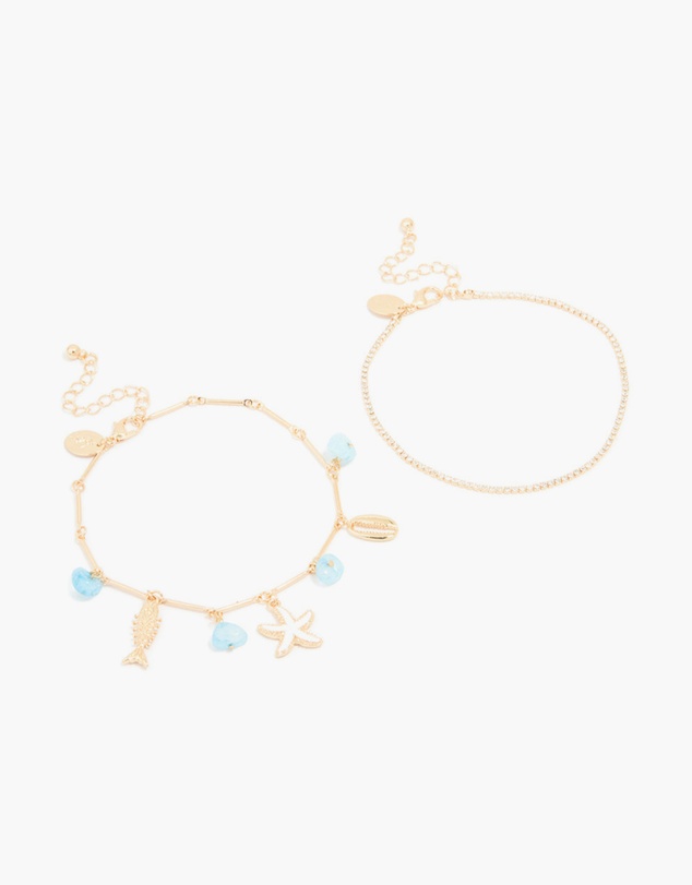 Lovisa - Gold Diamante Cupchain & Fish Star Charm Anklets 2-Pack