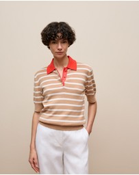 Trenery - Cotton Cashmere Stripe Rib Knit Polo in Light Camel