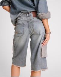 ONE TEASPOON - Skater Girl Low Waist Super Long Leg Denim Jorts - Dirty Blue