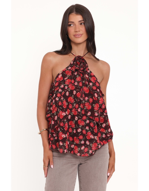 Petal & Pup - Zorina Halter Neck Chiffon Top - Brown Floral