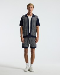 Calibre - Panelled Stripe Knit Shirt Navy