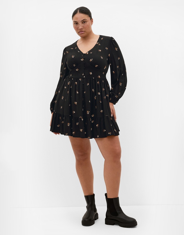 City Chic - Plus size Elsie Print Long Sleeve Mini Dress - black