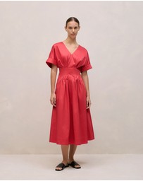 Trenery - Cotton Sateen Pleat Waist Dress in Crimson
