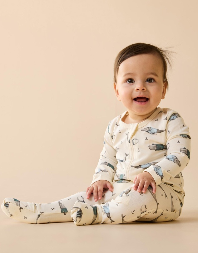 Wilson & Frenchy - Woolly Whales Organic Zipsuit With Feet - Babies