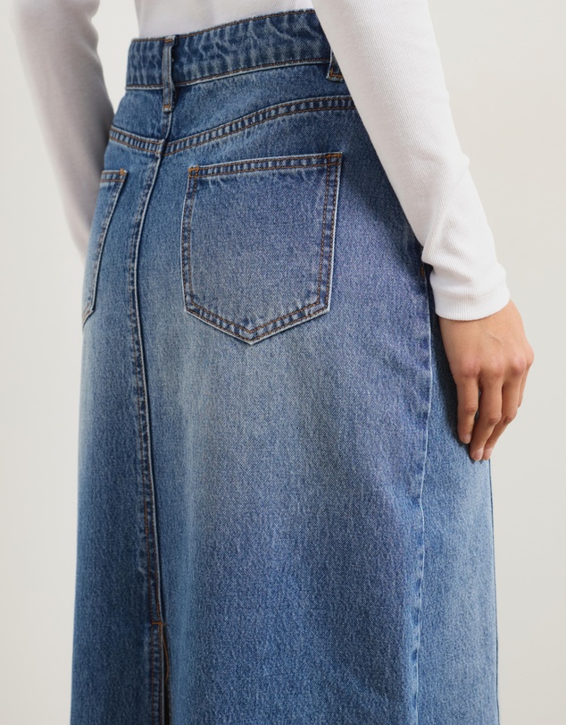 Atmos&Here - Straight Denim Maxi Skirt With Seam Detail