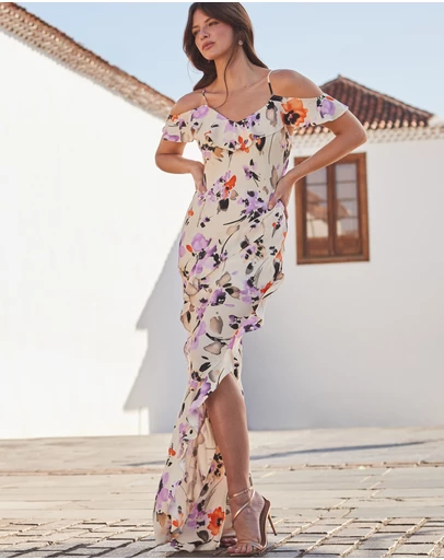 Sosandar - Cold Shoulder Ruffle Maxi Dress