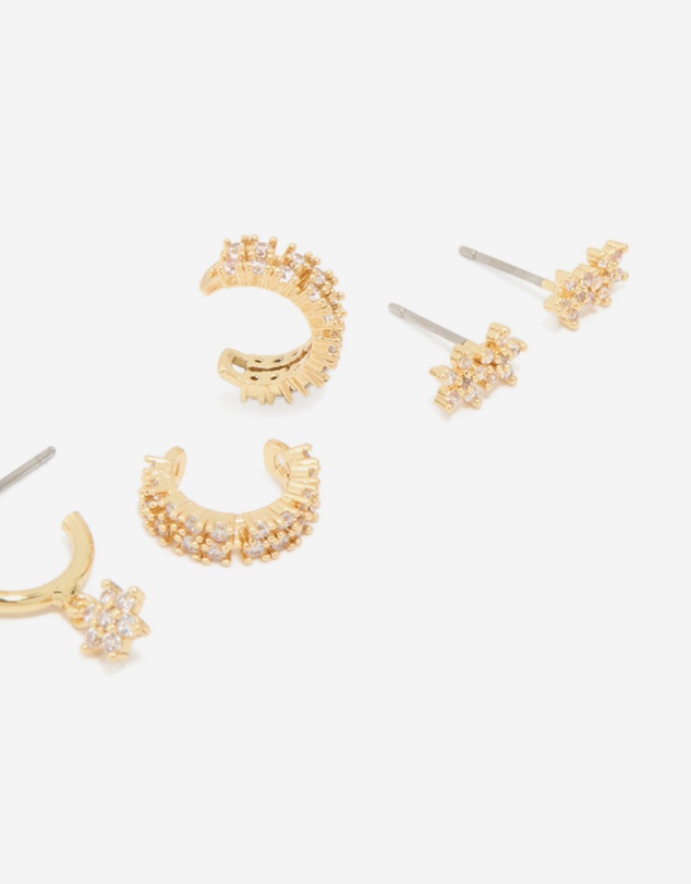 Lovisa - Gold Plated Brass Cubic Zirconia Flower Stud & Ear Cuff 5-Pack