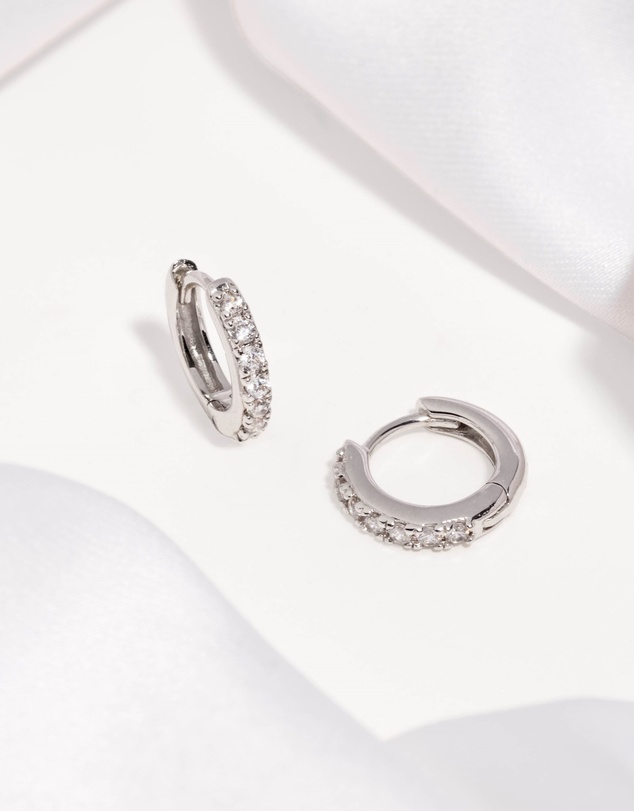Wanderlust + Co - Classic Pave Silver 7mm Huggie Earrings