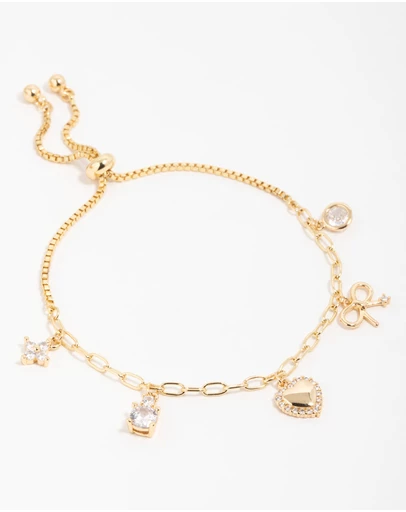 Lovisa - Gold Plated Brass Cubic Zirconia Heart & Bow Charm Toggle Bracelet